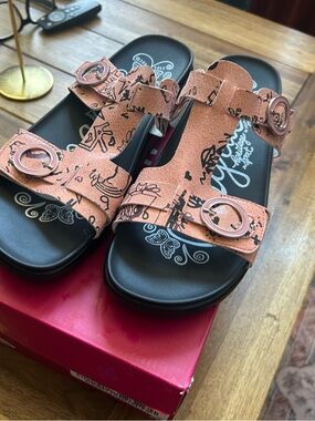Alegria Women's Peach-Pink Printed Slide Sandals with Decorative Buckles
